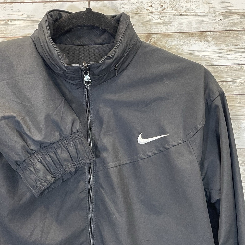 Nike Womens M Jacket‎ Reversible Black Fit Dry Hidden Hood Running Cycling Logo